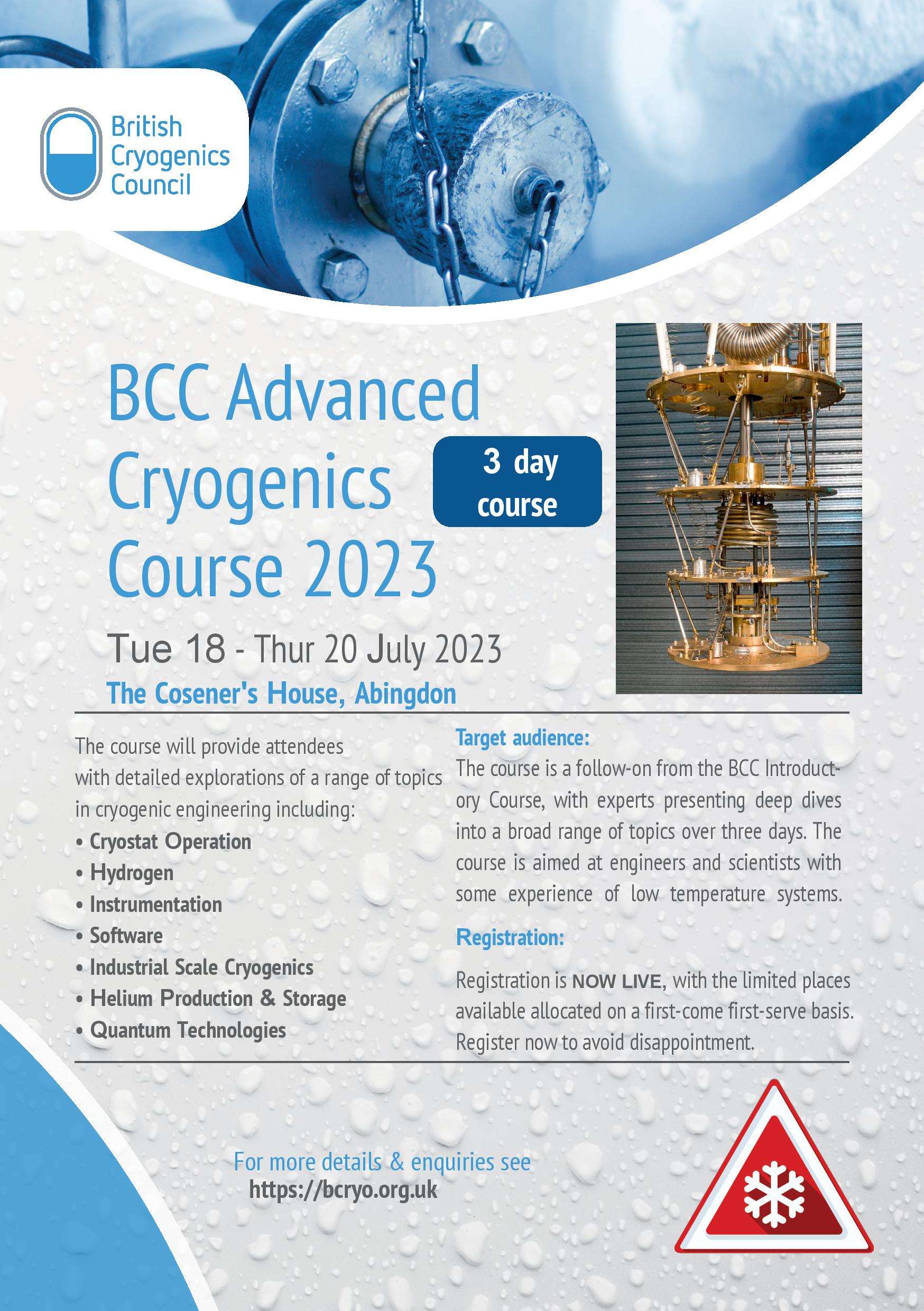 BCC Advanced Cryogenics Course 1820 July 2023 Timetable Available